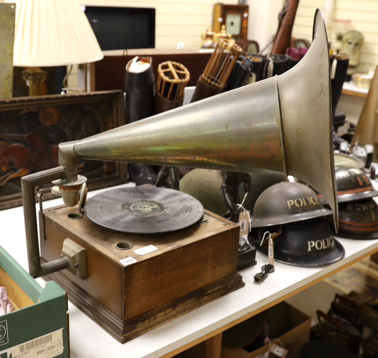 A table top gramophone with horn